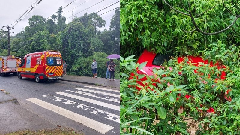 Motorista consegue escapar após carro cair em ribanceira em Blumenau