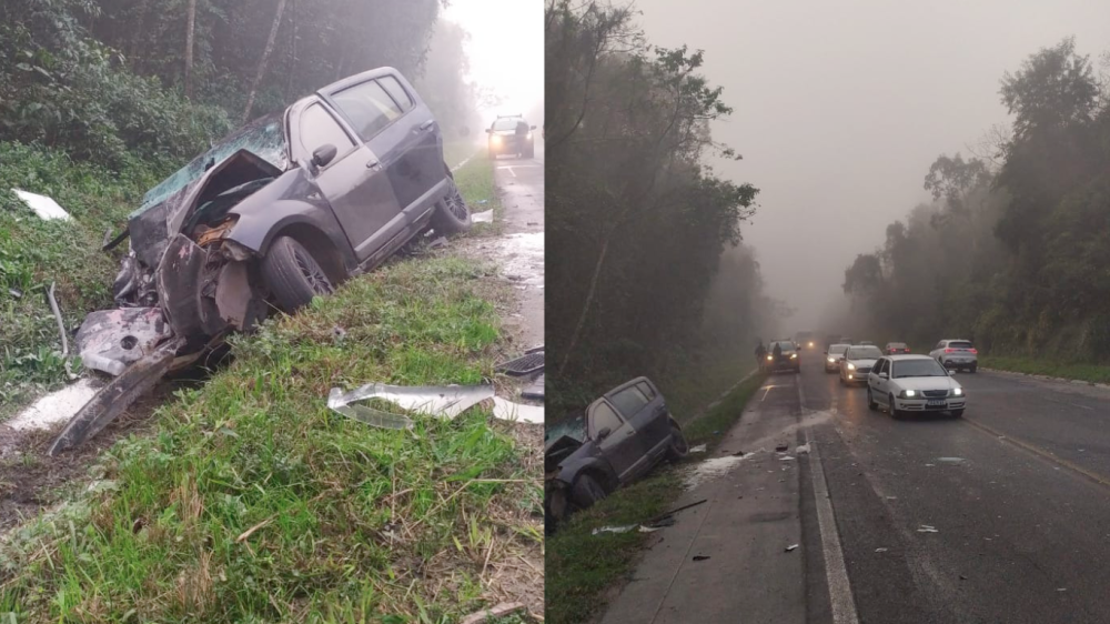 BR-470: Batida entre carro de Blumenau e carreta deixa três feridos em Pouso Redondo