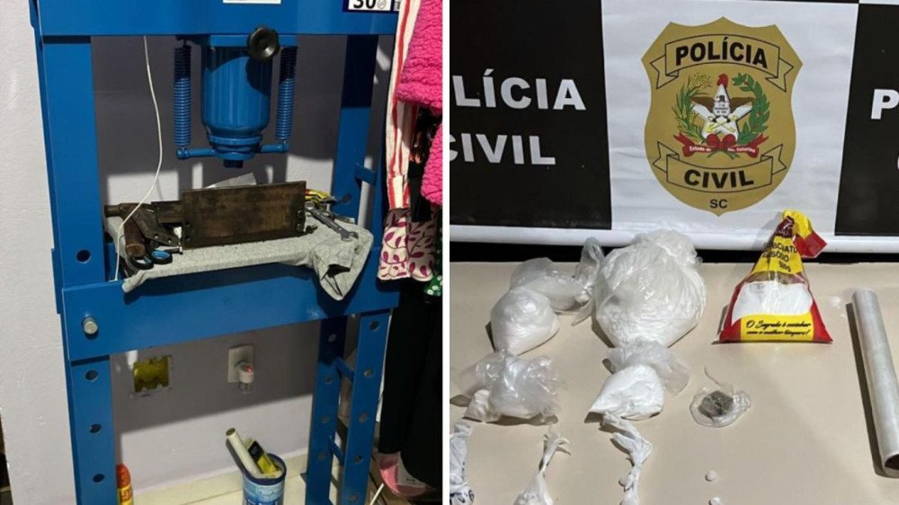 Prensa hidráulica, batedeira industrial, produtos químicos e caderno de 'receitas': Polícia Civil prende duas pessoas por tráfico de drogas