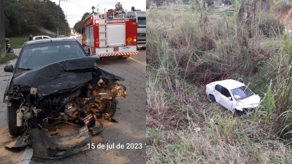 Duas pessoas são levadas ao hospital após batida frontal entre dois carros em Gaspar