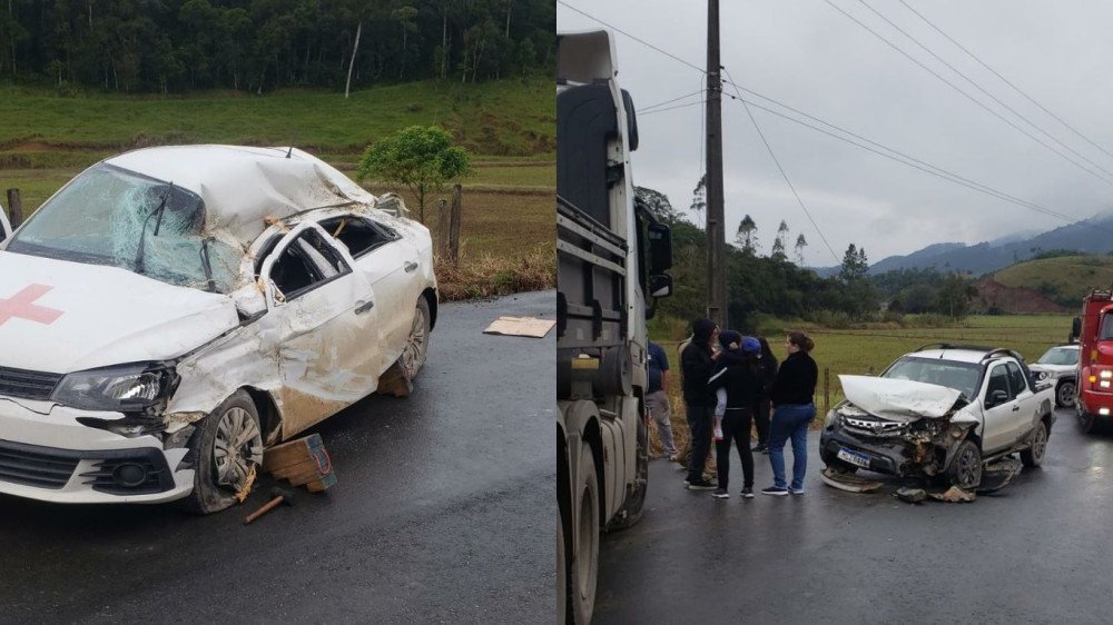 Fotos: Duas pessoas ficam feridas em acidente entre dois carros e uma carreta em Ilhota