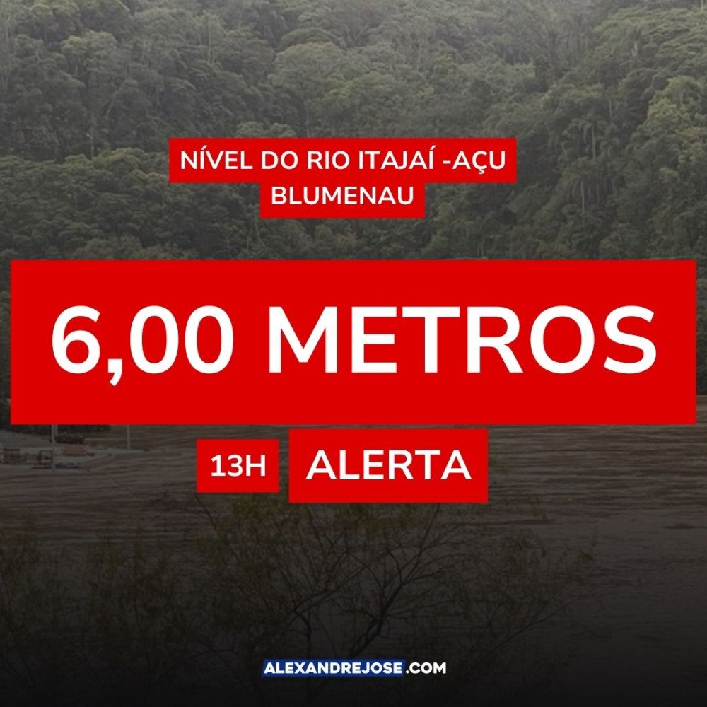 Rio Itajaí-Açu, em Blumenau, atinge 6 metros, segundo AlertaBlu