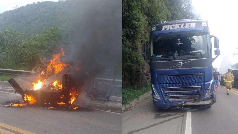 Vídeo: Homem morre carbonizado após batida contra caminhão no Alto Vale