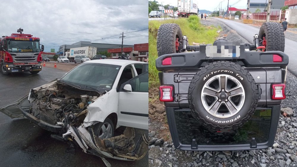 Duas pessoas ficam feridas em acidente entre dois carros e um caminhão na BR-470, em Indaial