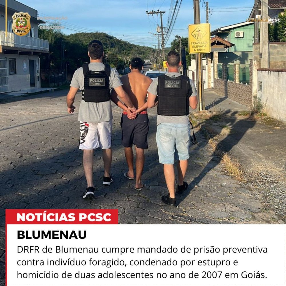 Condenado por estuprar e matar adolescentes em Goiás, em 2007, é preso em Gaspar