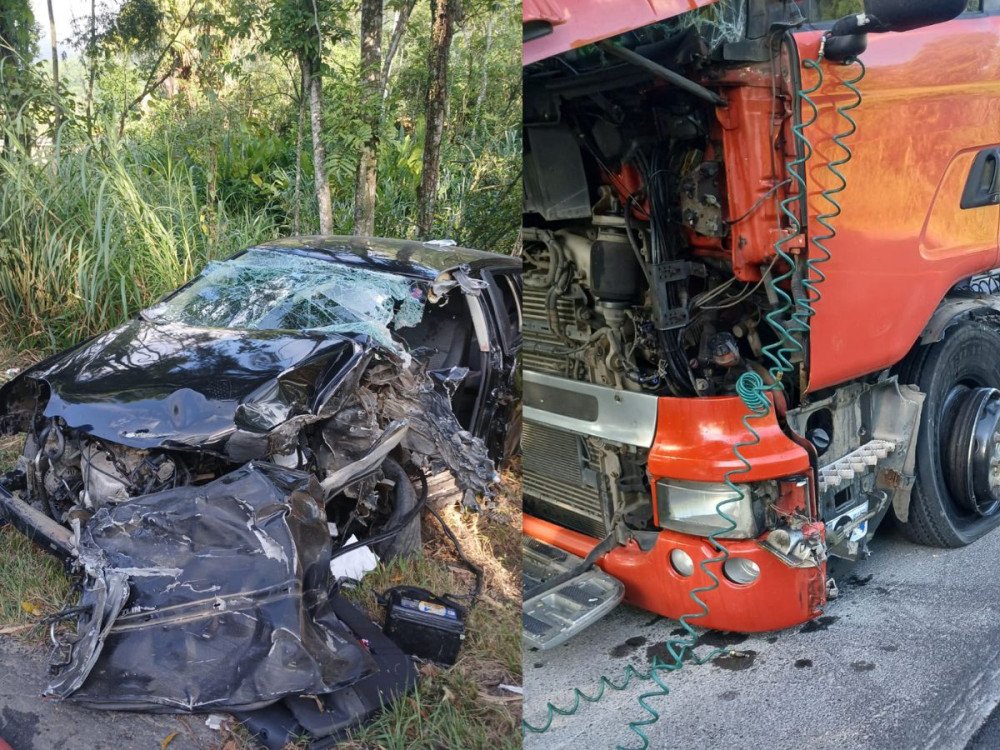 Acidente entre carro e carreta interdita BR-470 em Indaial; motorista fica gravemente ferida