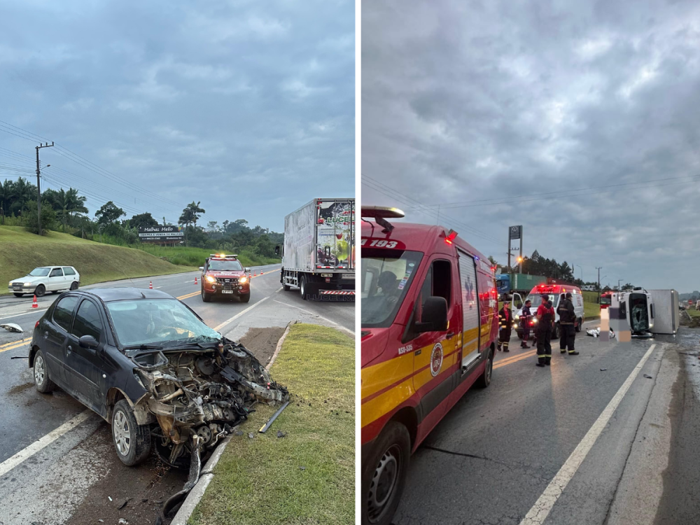 Jovem grávida morre em grave acidente envolvendo caminhão, carro e moto na BR-470, em Blumenau