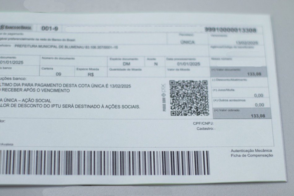 Termina nesta quinta-feira desconto de 5% para pagamento da cota única do IPTU de Blumenau