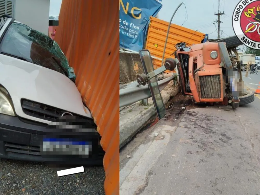 Carreta tomba em curva, atinge carro estacionado e derruba poste de energia no Vale do Itajaí