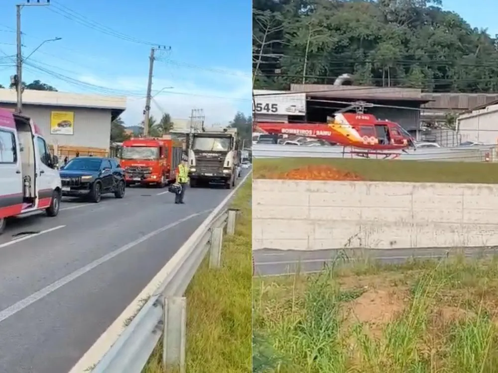 VÍDEO: Motociclista é arremessado em vala após grave batida na marginal da BR-470 em Blumenau