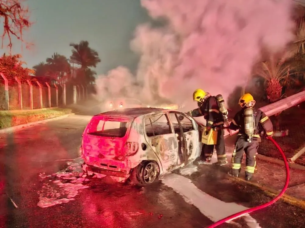 Motorista abandona carro após bater em poste e veículo pegar fogo em Brusque